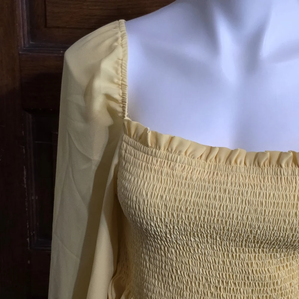 Shinestar Square Neck Smocked Long Sleeve Top Yellow Size XL - Picture 3 of 9